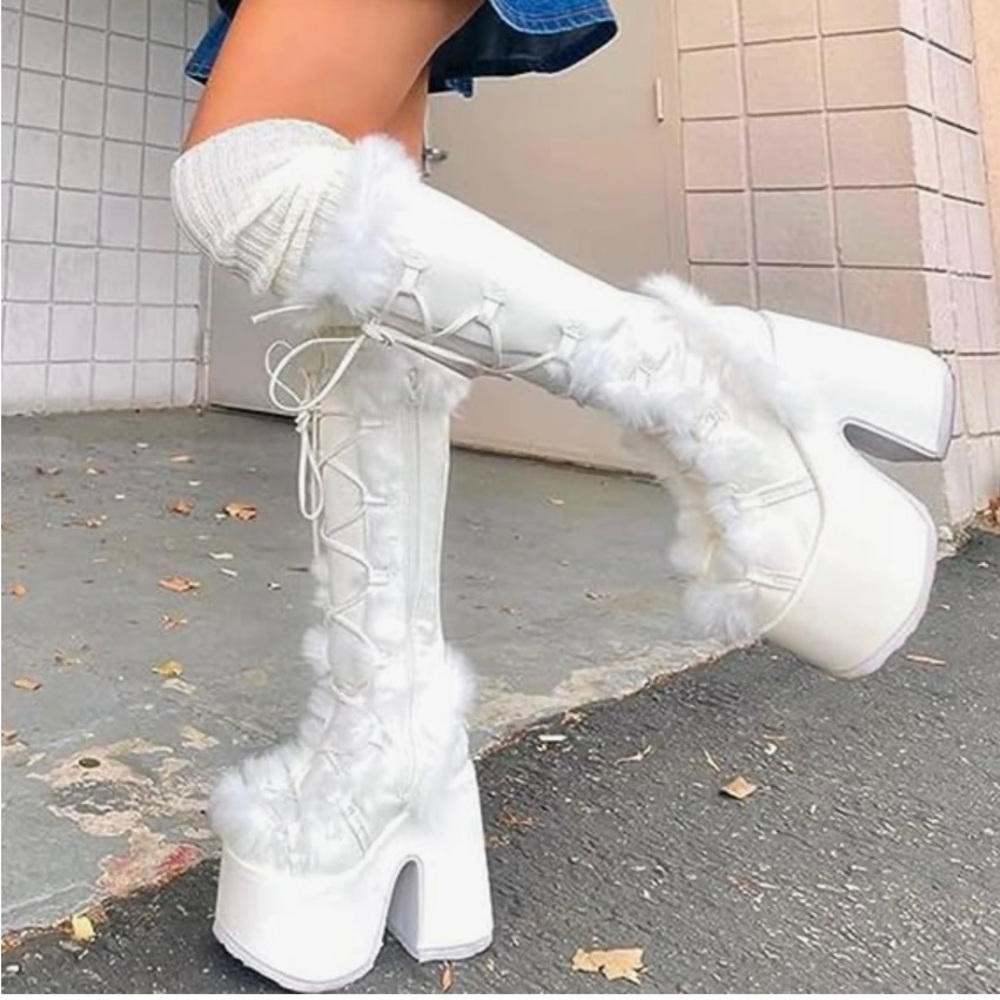 Bratz Doll Platform Boots: Mid Calf Lace Up Zip Block Chunky High Heel.